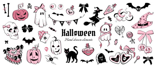 Cute Halloween clipart set in coquette pink and black style. Hand drawn elements include pumpkins, ghosts, skulls, bats, ribbons, cats, candy, potions for stickers, prints, cards and party decorations
