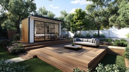 Modern garden office, deck,  landscaped backyard, sunny day,  home office design