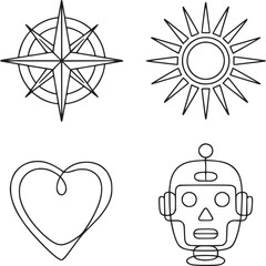 A collection of line art drawings featuring a compass sun heart and a robot head on a white background on transparent background