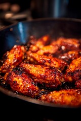 Juicy chicken wings are frying in a skillet, showcasing a rich, caramelized glaze. The kitchen is warm with the aroma of freshly cooked, flavorful food