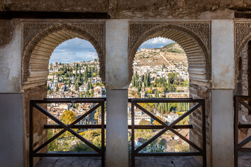 Alhambra Arch Granada Cityscape in Andalusia Spain. Alhambra Castle Arch Intricade Moorish Designs...
