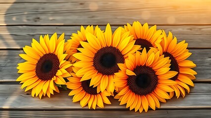 Vibrant sunflowers on a rustic wooden surface, bathed in warm natural sunlight with a soft blurred background.