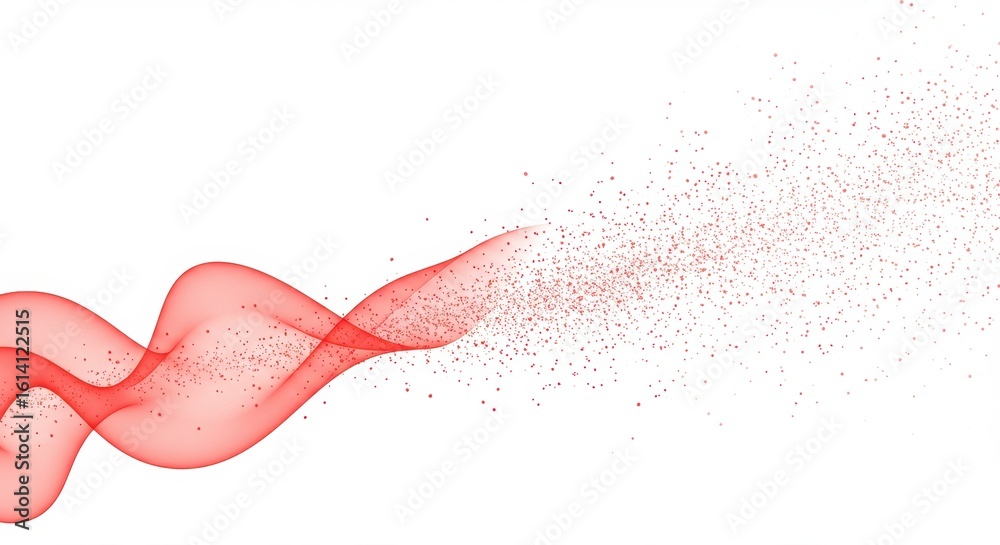 Wall mural ethereal red ribbon: abstract wave with sparkling particle dispersion on white background