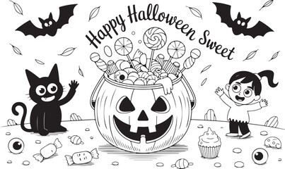 Obraz premium Happy Halloween black cat girl bats candy pumpkin vector