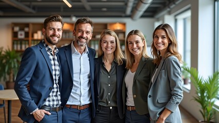Successful business team standing together in office, smiling and looking at camera
