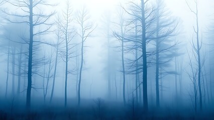 Misty blue forest landscape with soft watercolor texture and atmospheric gradient lighting.