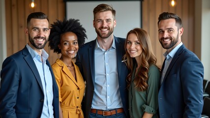 Successful business team standing together in office, smiling and looking at camera
