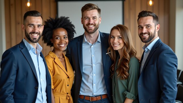 Successful business team standing together in office, smiling and looking at camera
 - Powered by Adobe