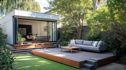 Modern backyard extension with deck, sofa, and lush greenery
