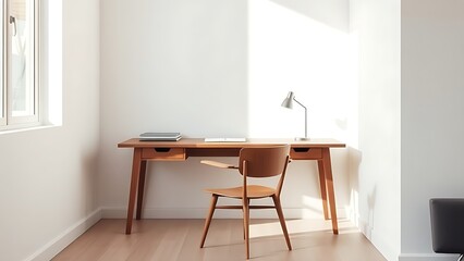 A clean and simple office corner featuring a wooden desk and chair under soft natural light.