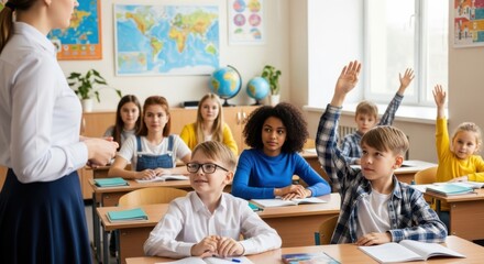 A teacher is teaching a lesson to her students in class