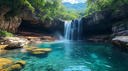 Naklejka premium Serene waterfall pool in lush valley