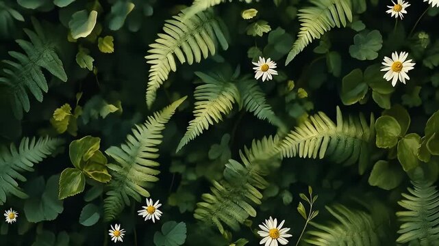 Ferns and daises are scattered with green leafy plants, viewed from above