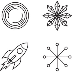 Four minimalist line drawings featuring a planet, snowflake, rocket ship, and connected circles design on transparent background
