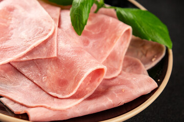 Ham slices meat spam pork fresh delicious gourmet food background on the table rustic food top view copy space
