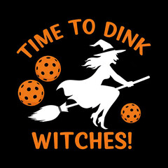 Witch riding broomstick with pickleballs and spooky text design  
