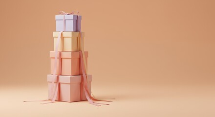 Pastel Gift Tower: Stacked Boxes with Ribbons on Peach Background, Minimalist Celebration