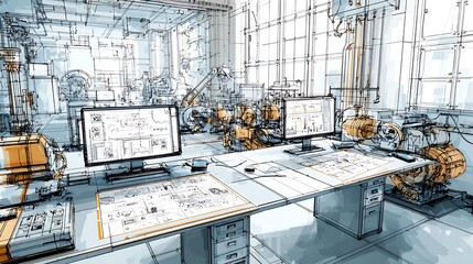Architect sketches industrial design in studio. Shows blueprints, computers, machinery. Great for web, marketing, editorial.