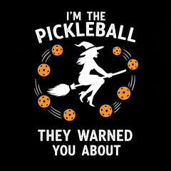 Witch riding broomstick surrounded by pickleballs on black background  