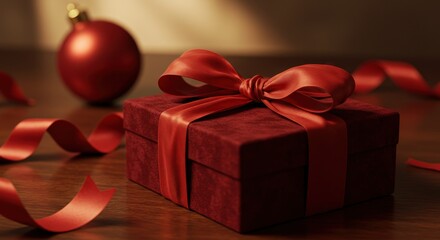 Elegant Red Velvet Gift Box with Satin Ribbon and Ornament on Wood Surface