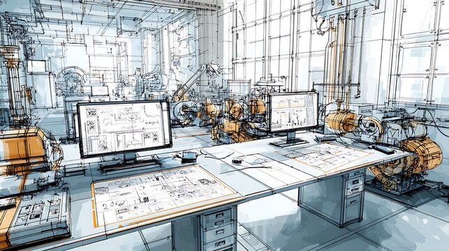 Architect sketches industrial design in studio. Shows blueprints, computers, machinery. Great for web, marketing, editorial.