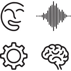 A collection of four simple line drawings including a face, a sound wave, a gear, and a brain on transparent background