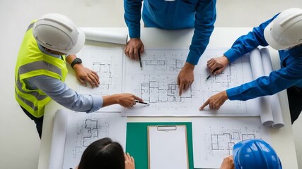 A team of engineers and architects gathered around a table, intently reviewing blueprints and discussing a construction project - Powered by Adobe
