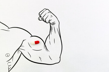 Drawing of a male bicep with a pill or medication. Space for text.