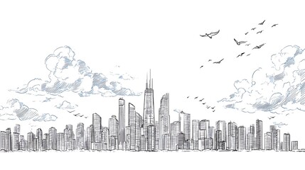 Chicago Skyline Drawing: Showcases cityscape with birds and clouds for editorial, web design, or marketing use.