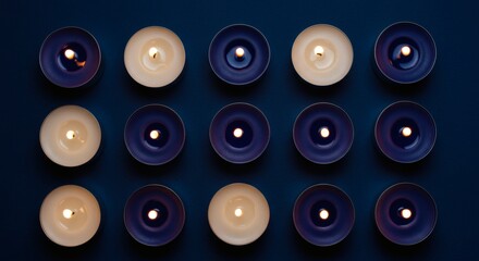 Burning Candles in Serene Darkness: A captivating high-angle view reveals an assortment of lit candles, casting a warm, inviting glow against a mysterious dark backdrop.