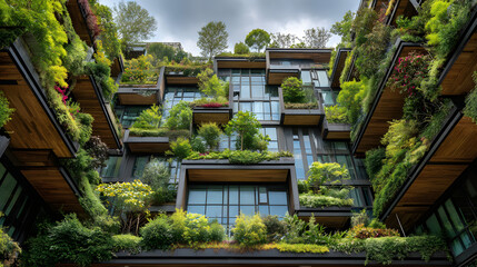 Fototapeta premium Modern building features stunning vertical garden with lush greenery and vibrant plants cascading from multiple levels, creating harmonious blend of architecture and nature