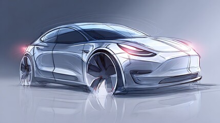 Sleek Car Design Sketch: Futuristic Vehicle Concept. Presents silver car, highlights styling, suitable for automotive marketing, design mockups, web projects.