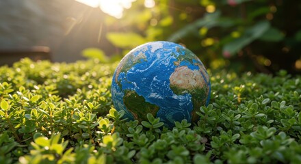 Earth Globe Resting on Lush Greenery Bathed in Golden Sunlight