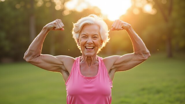 Elderly woman celebrates her fitness achievements by flaunting her bicep outdoors
