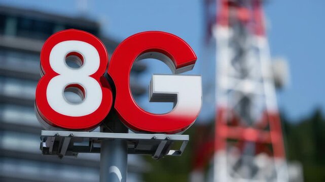 Dynamic display of 8g technology sign against urban backdrop with tower