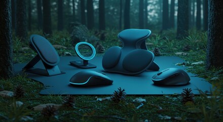 Futuristic Tech Oasis: Ergonomic Devices in Enchanted Forest Setting with Neon Accents