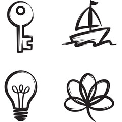 A graphic with a key, sailboat, lightbulb, and flower in black and white brush stroke style design on transparent background