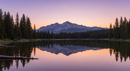 Mountain and Lake Serenity: A breathtaking mountain range mirrors perfectly on the calm surface of a lake, with surrounding forest at sunset, create picturesque harmony.