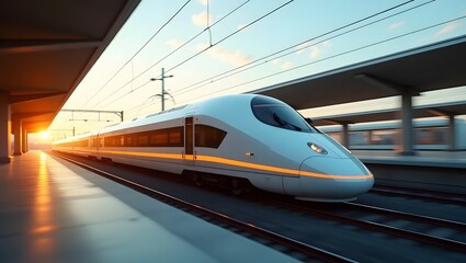 High-Speed Train Arriving at Sunset Station
