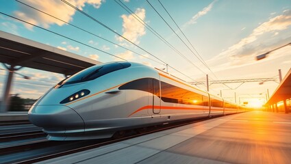 High-Speed Train Arriving at Sunset Station