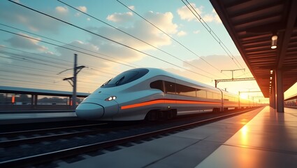 Naklejka premium High-Speed Train Arriving at Sunset Station