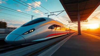 Fototapeta premium High-Speed Train Arriving at Sunset Station