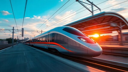 Fototapeta premium High-Speed Train Arriving at Sunset Station