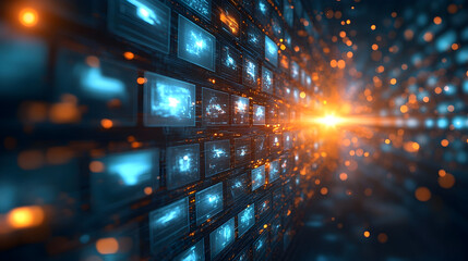 Futuristic Data Stream Wall with Glowing Screens and Bokeh Light