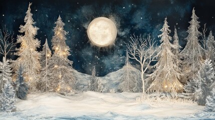Snowy winter scene with full moon, pine trees, and soft lighting