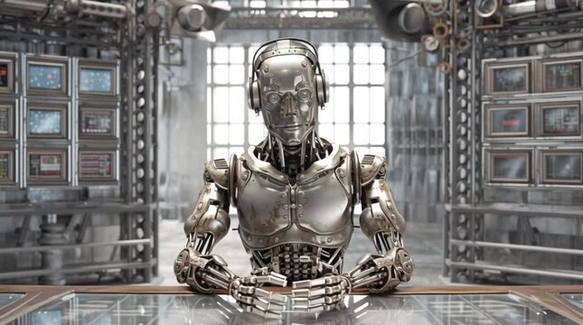 robotic newscaster in a metallic suit sitting behind a steampunk newsdesk generative ai