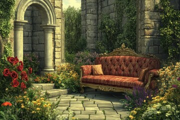 Stone courtyard with aged sofa, colorful flowers, archway, columns, and lush greenery