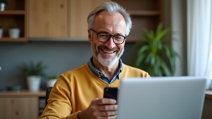 Happy mature man smiling and enjoying online shopping on his smartphone at home
