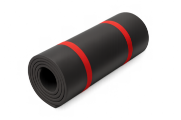 Black yoga mat tightly rolled, featuring red accent stripes, positioned for wellness workout preparation