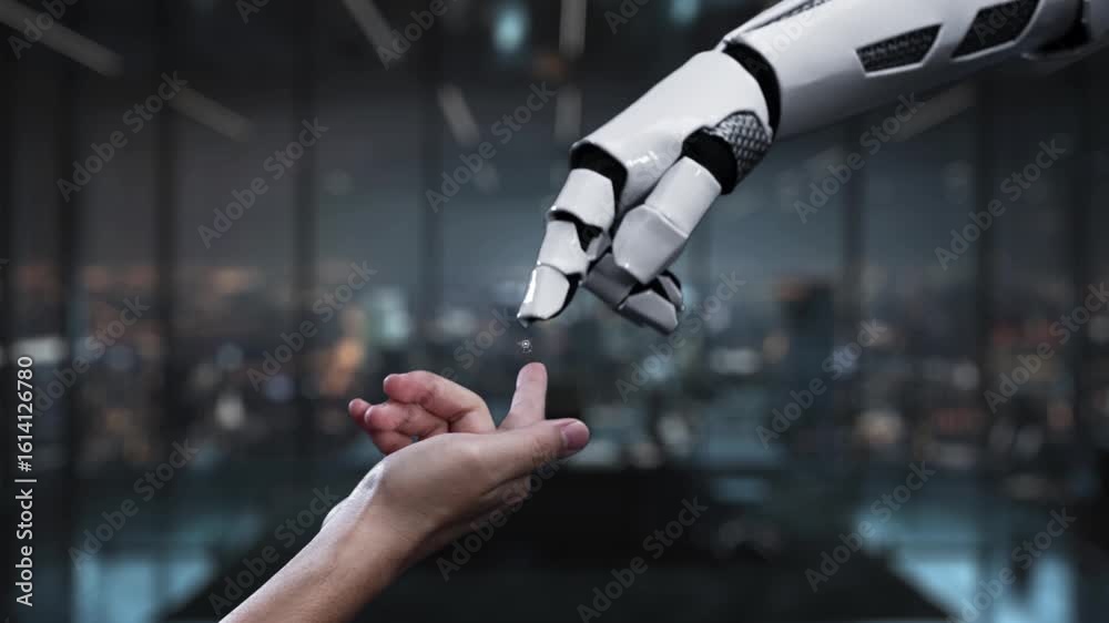 Poster a close-up view of a robot hand extending towards a human hand, symbolizing the connection between a
